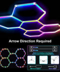 RGB Hexagon Garage Lights 240W 24 Pack LED honeycomb ceiling lights with music sync, app control, multicolor hex panel design.