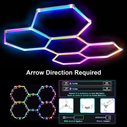 RGB Hexagon Garage Lights 240W 24 Pack LED honeycomb ceiling lights with music sync, app control, multicolor hex panel design.