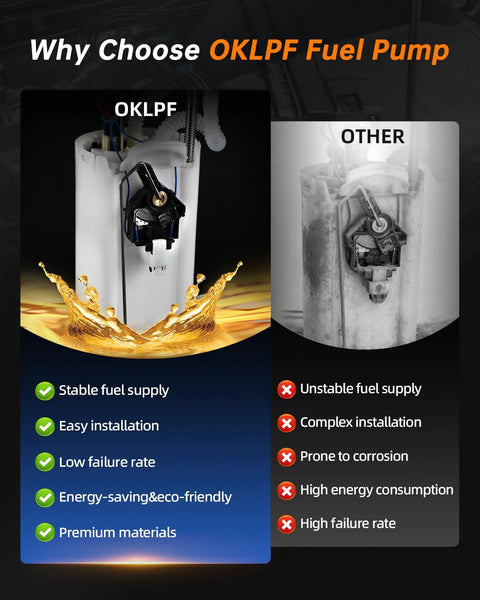 Comparison of OKLPF fuel pump and other pump highlighting stable fuel supply and easy installation features of OKLPF.