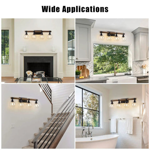 Farmhouse Wood Vanity Light Fixture With Four Lamps Over Mirror, Rustic Sconce Lighting With Clear Glass Shades in various rooms