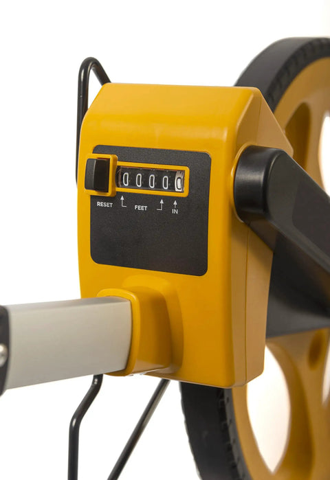 Rugged Pro 12 Inch Diameter Measuring Wheel Measures Up To 10,000 Yards With Brake And Reset Trigger dial showing distance readout.