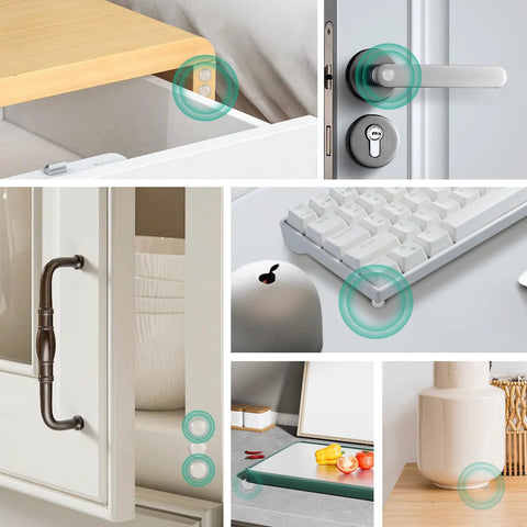 100 Pieces Clear Self Adhesive Cabinet Door Bumpers 0.4 Inch Diameter Rubber Dots shown in use on various surfaces for noise damping