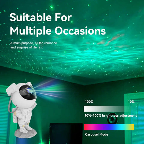 Astronaut-shaped Galaxy Star Projector Night Light casting nebula effects on ceiling, suitable for Christmas and birthday parties.