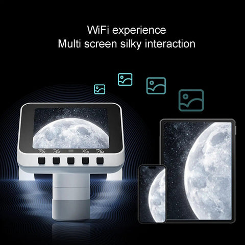 Wireless Eyepiece Camera for Telescopes and Microscopes, 2.8 Inch Display showing moon image, 1080P Video Recording.