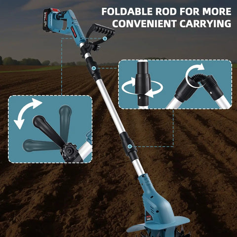Cordless 21V Tiller With 8 Inch Wide Cultivator, 4.0Ah Battery Powered Garden Rototiller with foldable rod for easy carrying