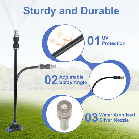 360 Degree Adjustable Drip Irrigation Kit System With 33 Ft Coverage And Rotatable Mist Nozzles No Fuss Setup Includes 10 Nozzles And Brass 3/4 Inch Adapter showing UV protection and nozzle features