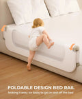 Toddler climbing over Universal 47 Inch Toddler Bed Rail Extra Long Foldable Gap Free Guard Fits Twin Full Queen And King Beds