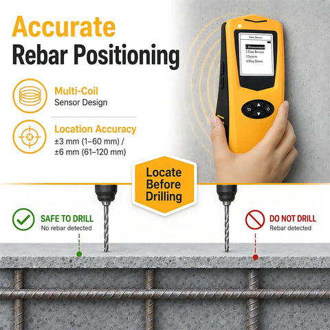 Workhorse Rebar Detector And Concrete Cover Meter Pinpoints Steel Fast And Measures Diameter Up To One Hundred Twenty Millimeters Dead On Precision With Butter Smooth Scanning Job Site Ready