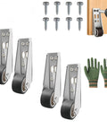 Rock Solid Heavy Duty Vertical Track Roller Wheels 4 Pack with rubber casters, screws, and installation gloves.