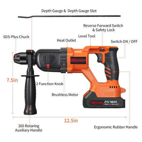 Beast Mode Cordless Rotary Hammer Drill Kit With Brushless 21V Power One Half Inch SDS Plus Drill Chuck Dual Batteries With Charger Three Drill Bits Grease And Case For Concrete Wood Stone And Metal