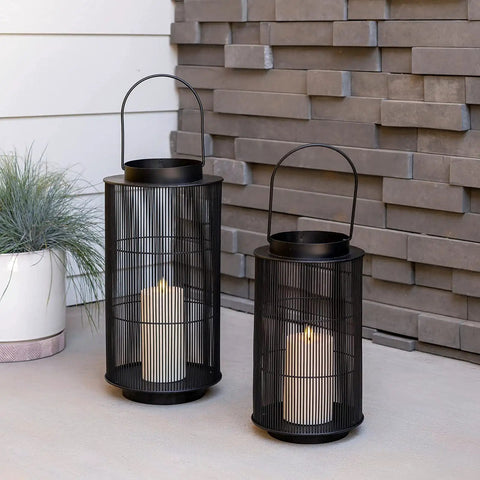 Outdoor Lantern With Realistic LED Candle For Patio, 12 Inch Black Metal Modern Farmhouse Style Lantern on porch