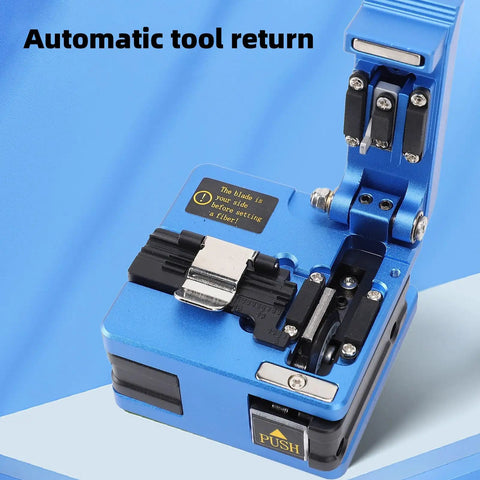 Close-up of Pro Grade Fiber Optic Cutter with 0.6 Degree Angled Cut, 16 Cutting Points, Tungsten Steel Build, Blue with automatic tool return.