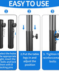 Instructions for using Hella Sturdy Folding Table Risers and Adjustable Leg Extenders for easy height adjustment.