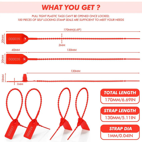 Red Plastic Tamper Seals Pack With Numbered Zip Ties For Fire Extinguishers And Everyday Security, 170 mm Length