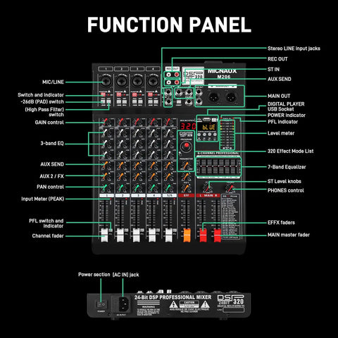 6 Channel Professional Audio Mixer With 320 DSP Effects And 7 Band EQ USB And Bluetooth Connectivity 48V Power Supply