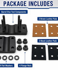 Package components for Heavy Duty Aluminum Barrel Vise With Slick Grip Leather Pads, includes washers, bolts, and leather pads.