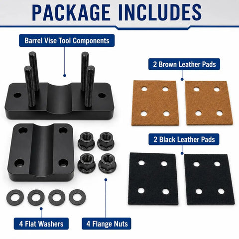 Package components for Heavy Duty Aluminum Barrel Vise With Slick Grip Leather Pads, includes washers, bolts, and leather pads.