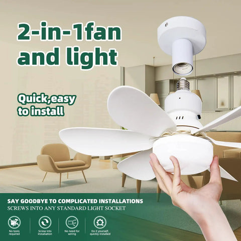 Person holding bladeless ceiling fan with lights and remote control dimmable enclosed low profile mini ceiling fan for semi flush mount.