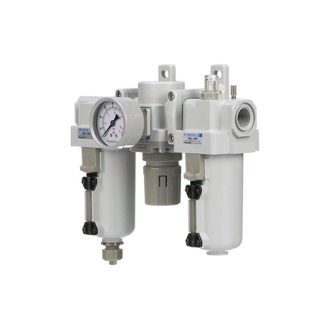 Compressed Air Filter Regulator Lubricator Combo With One-Half Inch NPT, metal bowl, manual drain, bracket, and gauge