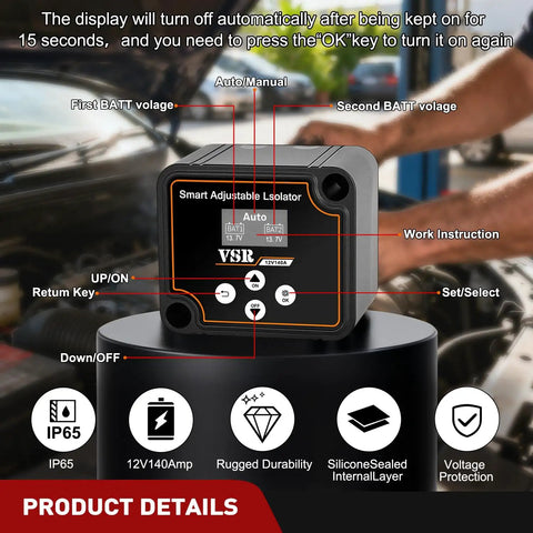 Heavy Duty Dual Battery Isolator Kit with LED display showing battery voltages for truck camping, towing, and off grid adventures.