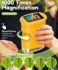 Child holding a 4K screen handheld 200x-1000x portable microscope with LED lights, observing a butterfly image, science toy for kids.