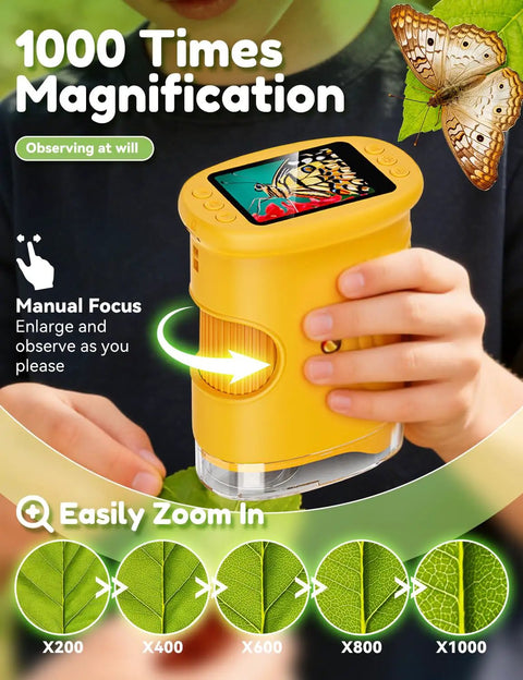 Child holding a 4K screen handheld 200x-1000x portable microscope with LED lights, observing a butterfly image, science toy for kids.