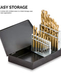 Left Hand Drill Bit Set With Titanium Nitride Coating For High Speed Steel Reverse Twist Bits In SAE Sizes 15 Piece Kit Featuring A 135 Degree Split Point For Precise Self Centering And Faster Cutting. Displayed in metal storage case with open lid showing the organized bits.
