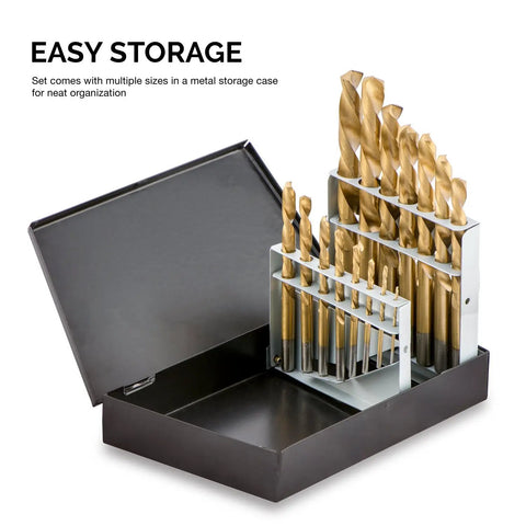Left Hand Drill Bit Set With Titanium Nitride Coating For High Speed Steel Reverse Twist Bits In SAE Sizes 15 Piece Kit Featuring A 135 Degree Split Point For Precise Self Centering And Faster Cutting. Displayed in metal storage case with open lid showing the organized bits.