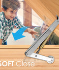 Heavy Duty Toy Box Hinges With Soft Close And 200N Gas Struts showing slow closing lid support on wooden box
