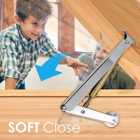 Heavy Duty Toy Box Hinges With Soft Close And 200N Gas Struts showing slow closing lid support on wooden box