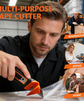 Dual Lock Safety Box Cutter With Retractable Blade, Hella Handy Package Opener For Quick Cuts, Includes Snap-Off Blades, Film Cutter And Tape Splitter For Warehouse And In-Store Cutting, black and orange tape cutter in use