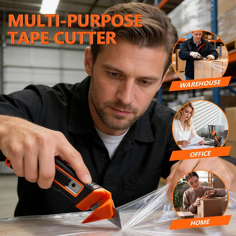 Dual Lock Safety Box Cutter With Retractable Blade, Hella Handy Package Opener For Quick Cuts, Includes Snap-Off Blades, Film Cutter And Tape Splitter For Warehouse And In-Store Cutting, black and orange tape cutter in use