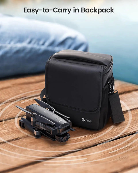 Dope 4K GPS Drone With 2 Axis Gimbal, Remote ID, 30FPS Cam, Follow Me next to compact carrying case on wooden surface