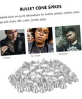 Plastic cone spike studs—pile of silver accessories for jackets and DIY punk clothing