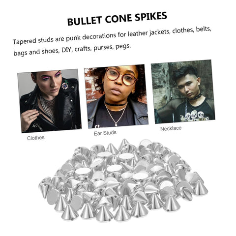 Plastic cone spike studs—pile of silver accessories for jackets and DIY punk clothing