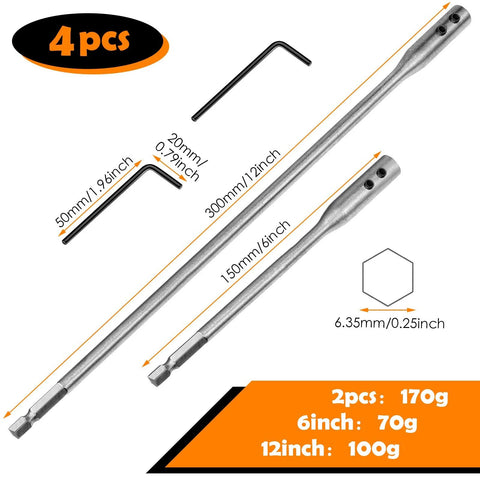 Four Piece Quarter Inch Spade Drill Bit Extension Set With Hex Shanks And Hex Keys, Includes 6 Inch And 12 Inch Extensions.
