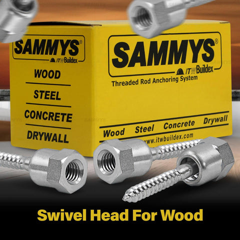 Heavy Duty Screw Swivel Threaded Rod Anchor For Wood Mounting At 17 Degree Off Vertical 20 3 Eighths Inch Size Steel With Electro Zinc Finish Self Tapping And Self Drilling Screws Easy Install Pack Of 25 Ideal For Attaching To Wood Studs And Joists In, displayed with packaging labeled "SAMMYS".