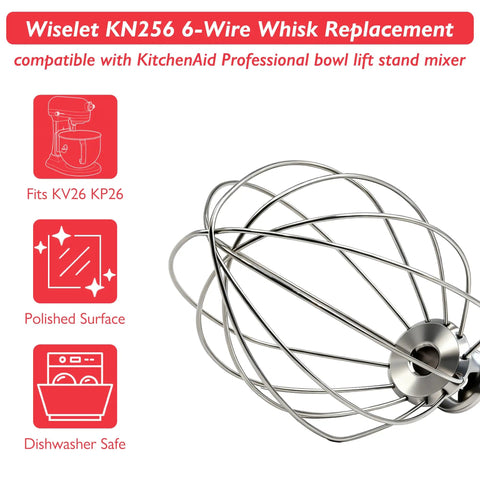 Heavy Duty 6-Wire Stainless Steel Whisk for 6 Qt Bowl-Lift Stand Mixers, 18/8 Stainless, Dishwasher Safe, No Residue, Compatible with KV26 KP26