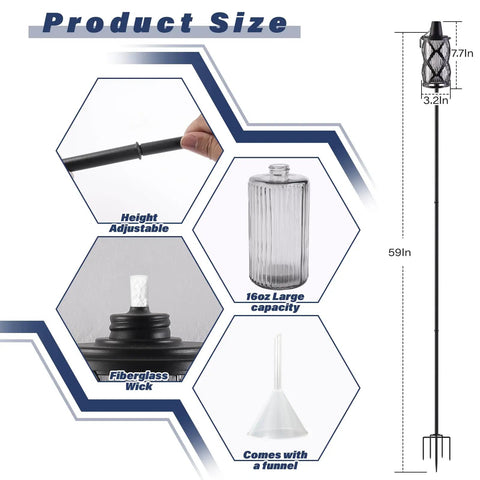 Diagram showing 4 Pack Gray Glass Outdoor Garden Torches 59 Inch Tall With Upgraded 16 Oz Citronella Fuel 5 Prong Grounded Stake details.