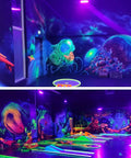 Glow party room with Three Pack 36W Black Light Bars and vivid fluorescent murals, used for Halloween and body paint events.