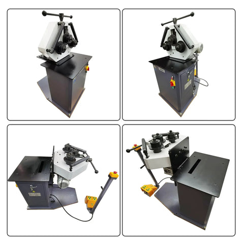 Heavy Duty Electric Pipe Bender Machine Delivering Knockout Tube Curves And Easy Roller Adjustments, showing four angles with controls.