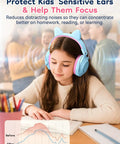 Kids Noise Canceling Ear Muffs 32dB SNR For Concerts And Fireworks Adjustable Hearing Protection For Autism Sensory Memory Foam Padding And Breathable PU Leather Blue With Fun Stickers, girl studying at desk