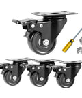 Heavy Duty 2 Inch Caster Wheel Set Of 4 With Dual Brakes Floor Protecting Rubber Swivel Casters showing four black wheels and hardware.