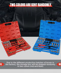 Red and blue storage boxes of Thread Chaser Set 48 Piece Heavy Duty Pro Grade Thread Repair Tool Kit For UNC UNF And Metric Threads Including 24 Dies 22 Taps And 2 Thread Files With Detachable Cap Anti Rust Rethreading Kit shown against a car engine background.