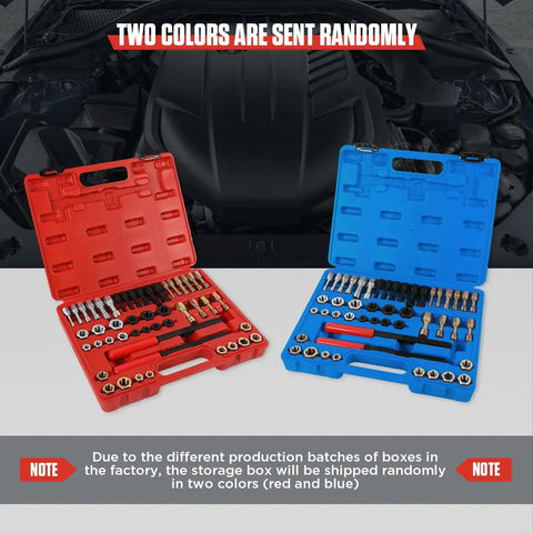 Red and blue storage boxes of Thread Chaser Set 48 Piece Heavy Duty Pro Grade Thread Repair Tool Kit For UNC UNF And Metric Threads Including 24 Dies 22 Taps And 2 Thread Files With Detachable Cap Anti Rust Rethreading Kit shown against a car engine background.