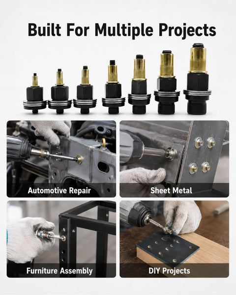 Rugged Heavy Duty Carbon Steel Rivet Nut Tool Kit With M3 M4 M5 M6 M8 M10 M12 Mandrels For Versatile Rivnut Installations, Operates By Hand Or Drill, Hex Head Design, Built Tough And Easy To Use For Automotive And DIY Projects.