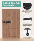 304 Stainless Steel Slide Bolt Gate Latch, 6.3 Inch Sliding Barrel Bolt Door Lock shown installed on a wooden door with close-up details.