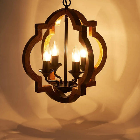 4-Light Farmhouse Wood Chandelier With Adjustable Hanging Chain, Rustic Vintage Pendant Lighting For Living Room Dining Room Kitchen Island Foyer Entryway 15.4 Inch Cozy Rustic Vibe