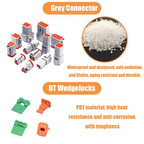 Beefy Grey 12 Pin Waterproof Wire Connector Kit, 5 sets with 60 stamped terminals, seal plugs, and heavy-duty wedge lock system