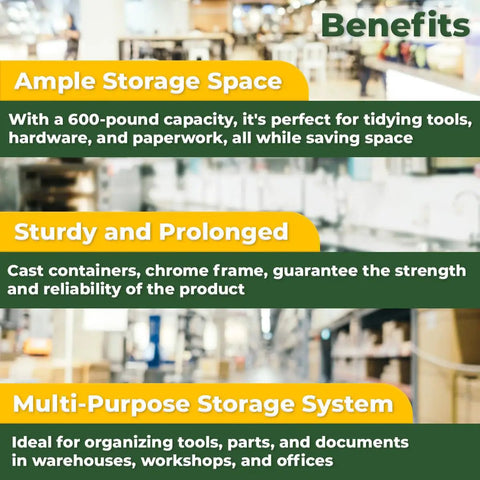 Workhorse Heavy Duty Chrome Shelving Rack Features Twenty Five Clear Slanted Storage Bins 18 By 36 By 74 Inch Metal Wire Utility Frame For Garage Tool Stashing And Warehouse Bin Organization Holding Six Hundred Pounds with benefits text overlay